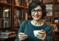 Woman with glasses and a kind smile, holding a cup of coffee while sitting quietly in an antique bookstore, Highly Detailed, Intricate, Half Body, Realistic