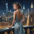 A sophisticated woman in a luxurious, flowing gown, standing on a balcony overlooking a grand cityscape at night, her expression thoughtful, city lights twinkling like stars behind her., Highly Detailed, Half Body, Gorgeous, Stunning, Elegant by Stanley Artgerm Lau