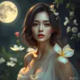 A serene and ethereal woman with delicate, petal-like features, amidst a moonlit garden, Highly Detailed, Half Body, Gorgeous, Stunning, Elegant by Stanley Artgerm Lau