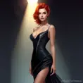 A captivating woman with fiery red hair, wearing a sleek black gown with silver accents, standing confidently under a dramatic spotlight, Highly Detailed, Half Body, Gorgeous, Stunning, Elegant by Stanley Artgerm Lau