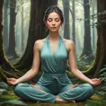 a serene woman meditating in a peaceful forest, Highly Detailed, Half Body, Gorgeous, Stunning, Elegant by Stanley Artgerm Lau