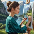 a creative woman painting a beautiful landscape, Highly Detailed, Half Body, Gorgeous, Stunning, Elegant by Stanley Artgerm Lau