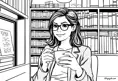 A minimalist line art drawing of a woman with glasses and a kind smile, holding a cup of coffee while sitting quietly in an antique bookstore, Highly Detailed, Intricate, Half Body, Realistic