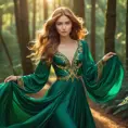 A radiant woman with flowing sun-kissed hair, emerald eyes, and a flowing silk gown, reminiscent of a Pre-Raphaelite masterpiece, in a serene forest at golden hour, Highly Detailed, Half Body, Gorgeous, Stunning, Elegant by Stanley Artgerm Lau