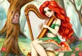 A whimsical watercolor painting of a curvy woman with fiery red hair and green eyes, playing the harp while sitting on a mushroom in a magical woodland clearing, Highly Detailed, Intricate, Half Body, Realistic