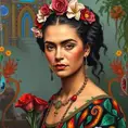 A captivating Frida Kahlo painting come to life, filled with vibrant colors and symbols, Highly Detailed, Half Body, Gorgeous, Stunning, Elegant by Stanley Artgerm Lau