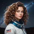 A brilliant and adventurous astrophysicist with an infectious enthusiasm and wild, curly brown hair, set against the breathtaking backdrop of a starry galaxy, Highly Detailed, Half Body, Gorgeous, Stunning, Elegant by Stanley Artgerm Lau