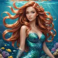 a whimsical mermaid with shimmering scales and a flowing auburn mane, swimming amidst coral reefs, Highly Detailed, Half Body, Gorgeous, Stunning, Elegant by Stanley Artgerm Lau