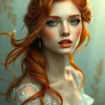 A breathtakingly beautiful woman with flowing auburn hair, emerald eyes, and a delicate porcelain complexion, ethereal and otherworldly, Highly Detailed, Half Body, Gorgeous, Stunning, Elegant by Stanley Artgerm Lau