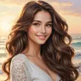 A dreamily beautiful woman with long, wavy brown hair, soft brown eyes, and a gentle smile, radiating warmth and kindness, Highly Detailed, Half Body, Gorgeous, Stunning, Elegant by Stanley Artgerm Lau