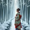 A serene geisha walking alone in a snowy bamboo forest, Highly Detailed, Half Body, Gorgeous, Stunning, Elegant by Stanley Artgerm Lau