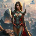 A fearless woman with an athletic build, wearing futuristic armor with elegant lines and soft LED accents, poised atop a cliff overlooking a sprawling sci-fi cityscape, Highly Detailed, Half Body, Gorgeous, Stunning, Elegant by Stanley Artgerm Lau