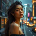 a captivating model with high cheekbones and full lips, posing for a fashion photoshoot against a backdrop of city lights, Highly Detailed, Half Body, Gorgeous, Stunning, Elegant by Stanley Artgerm Lau