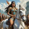 A powerful amazonian warrior on a horse, leading her tribe into battle, Highly Detailed, Half Body, Gorgeous, Stunning, Elegant by Stanley Artgerm Lau