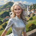 A majestic lady with an enigmatic smile and platinum hair, standing atop a hill overlooking a picturesque village, Highly Detailed, Half Body, Gorgeous, Stunning, Elegant by Stanley Artgerm Lau