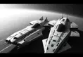 One with a spacecraft parked next to another, in the style of monochromatic compositions, dynamic action sequences, wlop, vray, silver and black, streamline elegance, hisui sugiura, Sci-Fi, Volumetric Lighting