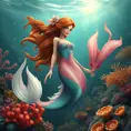 a whimsical mermaid with shimmering scales and a flowing auburn mane, swimming amidst coral reefs, Highly Detailed, Half Body, Gorgeous, Stunning, Elegant by Stanley Artgerm Lau