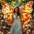 A beautiful woman with wings like a butterfly, surrounded by flowers and sunlight, Highly Detailed, Half Body, Gorgeous, Stunning, Elegant