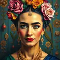 A captivating Frida Kahlo painting come to life, filled with vibrant colors and symbols, Highly Detailed, Half Body, Gorgeous, Stunning, Elegant by Stanley Artgerm Lau