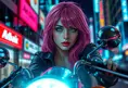 A woman with pink hair and heterochromatic eyes (one blue, one green), riding her motorcycle through neon-lit city streets at night, Highly Detailed, Intricate, Half Body, Realistic