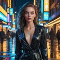 A captivating woman with piercing blue eyes, wearing a modern, stylish outfit, walking through a bustling city at night, neon lights reflecting off wet pavement, urban setting, dynamic composition, Highly Detailed, Half Body, Gorgeous, Stunning, Elegant by Stanley Artgerm Lau