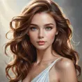 A woman with cascading chestnut brown hair, her eyes sparkling like sapphires, wearing a flowing white dress that catches the light, Highly Detailed, Half Body, Gorgeous, Stunning, Elegant by Stanley Artgerm Lau