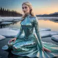 An enchanting portrayal of a woman with porcelain skin and ice-blonde hair, seated at the edge of a frozen lake, wearing a shimmering gown made from thousands of iridescent scales, reflecting the Northern Lights above., Highly Detailed, Half Body, Gorgeous, Stunning, Elegant by Stanley Artgerm Lau