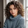 A gorgeous woman with curly dark brown hair and warm hazel eyes, wearing a cozy sweater and distressed denim, Highly Detailed, Half Body, Gorgeous, Stunning, Elegant