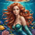 a whimsical mermaid with shimmering scales and a flowing auburn mane, swimming amidst coral reefs, Highly Detailed, Half Body, Gorgeous, Stunning, Elegant by Stanley Artgerm Lau