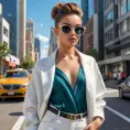 A stylish fashionista in a modern urban setting, sporting a chic outfit and oversized sunglasses, her confident stance and vibrant hairstyle making her the center of attention., Highly Detailed, Half Body, Gorgeous, Stunning, Elegant by Stanley Artgerm Lau