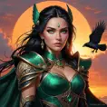 A strong and regal warrior queen with piercing emerald eyes and raven-black hair, set against a fiery sunset, Highly Detailed, Half Body, Gorgeous, Stunning, Elegant by Stanley Artgerm Lau