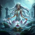 A serene depiction of a woman with pale lavender skin and flowing silver hair, sitting lotus-positioned atop a tranquil lotus flower in an otherworldly, bioluminescent pond, surrounded by ancient stone ruins., Highly Detailed, Half Body, Gorgeous, Stunning, Elegant by Stanley Artgerm Lau