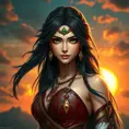 A strong and regal warrior queen with piercing emerald eyes and raven-black hair, set against a fiery sunset, Highly Detailed, Half Body, Gorgeous, Stunning, Elegant by Stanley Artgerm Lau