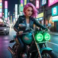 A woman with pink hair and heterochromatic eyes (one blue, one green), riding her motorcycle through neon-lit city streets at night, Highly Detailed, Intricate, Half Body, Realistic