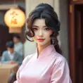 An elegant brunette with soft curls framing her face, dressed in a pastel pink丝绸衫搭配白色短裤，优雅地坐在一把藤椅上，手中拿着一本书, Highly Detailed, Half Body, Gorgeous, Stunning, Elegant by Stanley Artgerm Lau