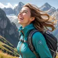 An adventurous explorer woman against a breathtaking mountain backdrop, wearing hiking gear, her joyful laughter echoing through the air, wind tousling her hair and a camera slung around her neck., Highly Detailed, Half Body, Gorgeous, Stunning, Elegant by Stanley Artgerm Lau