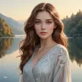 A serene beauty with almond-shaped eyes and flowing chestnut hair, standing by a tranquil lake at dawn, Highly Detailed, Half Body, Gorgeous, Stunning, Elegant by Stanley Artgerm Lau