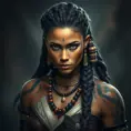 a fierce warrior queen with intricate tattoos and braided hair adorned with beads, her gaze commanding respect, Highly Detailed, Half Body, Gorgeous, Stunning, Elegant by Stanley Artgerm Lau