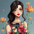 A vibrant brunette with striking green eyes, sporting a bright red lipsticked smile, wearing a bold floral print dress that complements her lively personality, Highly Detailed, Half Body, Gorgeous, Stunning, Elegant by Stanley Artgerm Lau