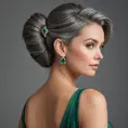 A lady in her late 30s with soft gray hair pulled back into a classic chignon, wearing an elegant emerald green dress that softly hugs her figure, Highly Detailed, Half Body, Gorgeous, Stunning, Elegant by Stanley Artgerm Lau