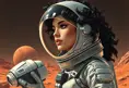 A retro-futuristic illustration of a woman with curly black hair and dark features, wearing a stylish silver spacesuit, exploring Mars' surface, Highly Detailed, Intricate, Half Body, Realistic