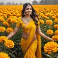 A radiant woman in traditional Indian attire, dancing in a field of marigolds, Highly Detailed, Half Body, Gorgeous, Stunning, Elegant by Stanley Artgerm Lau