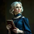 An ageless woman with platinum blonde hair, dressed in a Victorian-style midnight blue gown, holding a vintage book and gazing pensively into the distance, Highly Detailed, Half Body, Gorgeous, Stunning, Elegant by Stanley Artgerm Lau