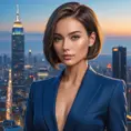 A confident woman with a sleek bob haircut, sharp features, and a tailored power suit, commanding attention in a modern metropolis skyline during the blue hour, Highly Detailed, Half Body, Gorgeous, Stunning, Elegant by Stanley Artgerm Lau