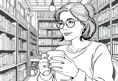 A minimalist line art drawing of a woman with glasses and a kind smile, holding a cup of coffee while sitting quietly in an antique bookstore, Highly Detailed, Intricate, Half Body, Realistic