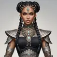 a fierce warrior queen with intricate tattoos and braided hair adorned with beads, her gaze commanding respect, Highly Detailed, Half Body, Gorgeous, Stunning, Elegant by Stanley Artgerm Lau