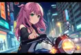 An anime-style illustration of a woman with pink hair and heterochromatic eyes (one blue, one green), riding her motorcycle through neon-lit city streets at night, Highly Detailed, Intricate, Half Body, Realistic