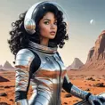 A retro-futuristic illustration of a woman with curly black hair and dark features, wearing a stylish silver spacesuit, exploring Mars' surface, Highly Detailed, Intricate, Half Body, Realistic