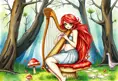 A whimsical watercolor painting of a curvy woman with fiery red hair and green eyes, playing the harp while sitting on a mushroom in a magical woodland clearing, Highly Detailed, Intricate, Half Body, Realistic