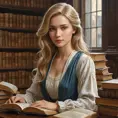 A kind and gentle librarian with a quiet introspection and soft, flaxen hair, surrounded by the musty scent and worn pages of ancient tomes, Highly Detailed, Half Body, Gorgeous, Stunning, Elegant by Stanley Artgerm Lau